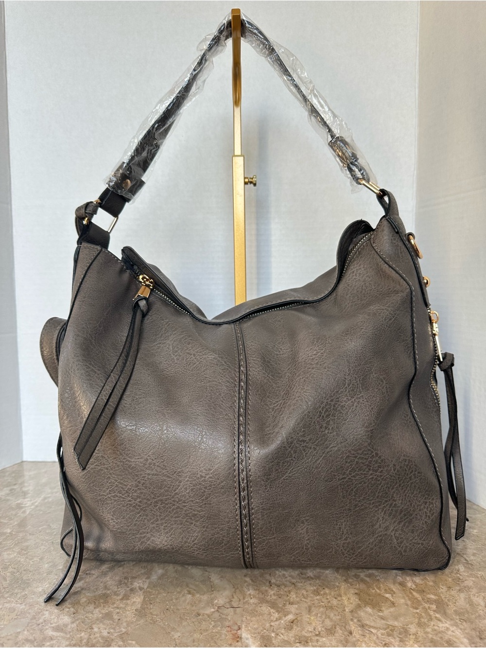 Taupe Grey Vegan Leather Distressed Boho Bag Edgy Crossbody Shoulder Fall Purse